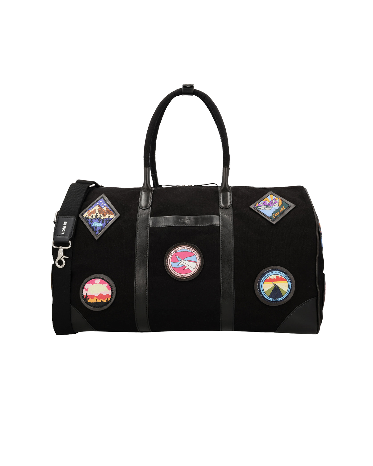 Back view of the Studio Ek Inch Kasol weekender duffle bag in black canvas and reclaimed leather, featuring handcrafted travel-inspired patches, premium leather handles and an adjustable shoulder strap. This premium canvas and leather holdall bag is designed for weekend getaways, airport travel and overnight journeys by one of India's premium bag brands.