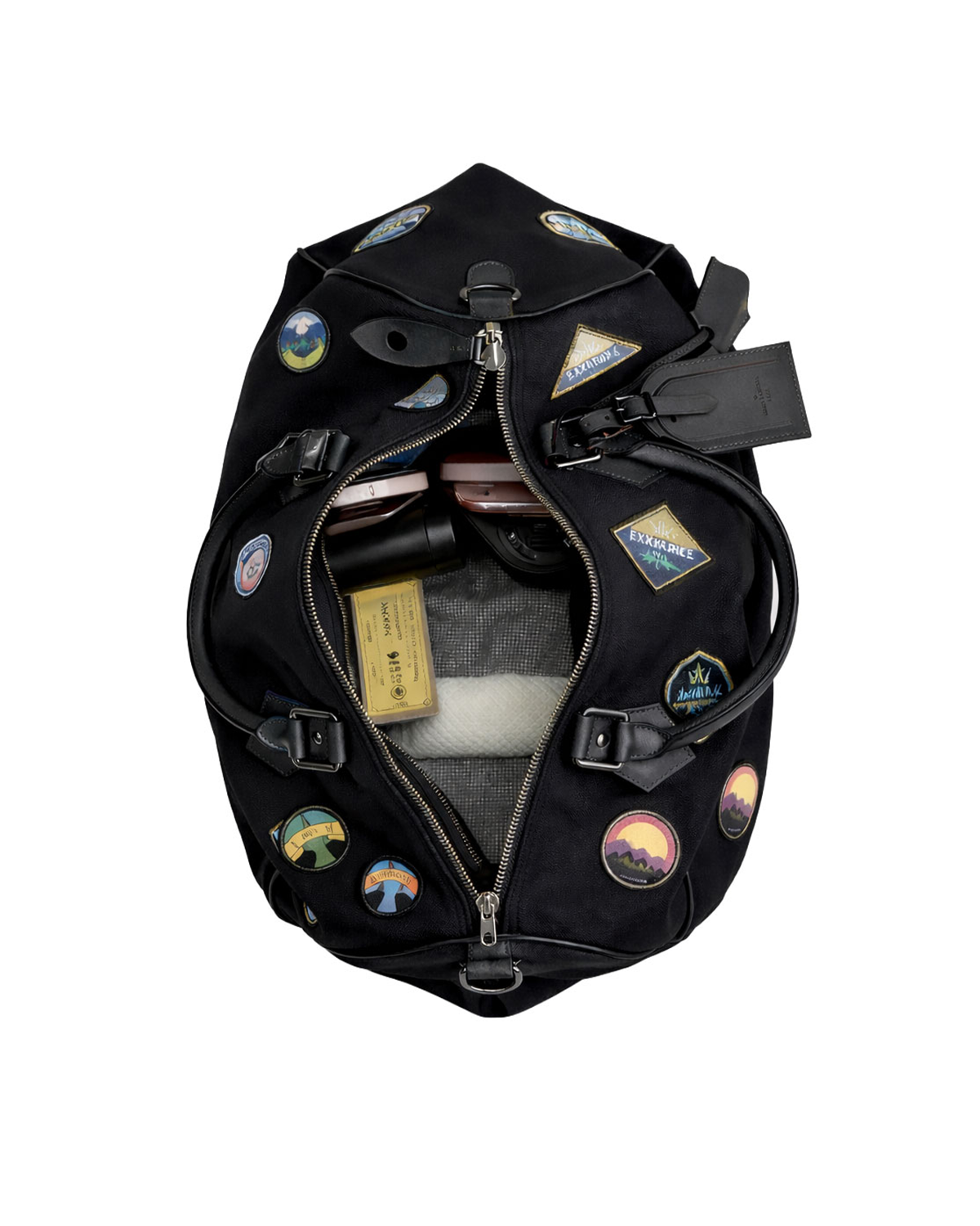 kasol weekender overnighter premium duffle bag in black canvas and reclaimed leather travel inspired badges patch one to two days journey duffle bag by india's best duffle bag brand studio ek inch