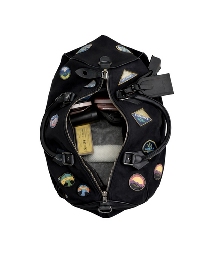 kasol weekender overnighter premium duffle bag in black canvas and reclaimed leather travel inspired badges patch one to two days journey duffle bag by india's best duffle bag brand studio ek inch