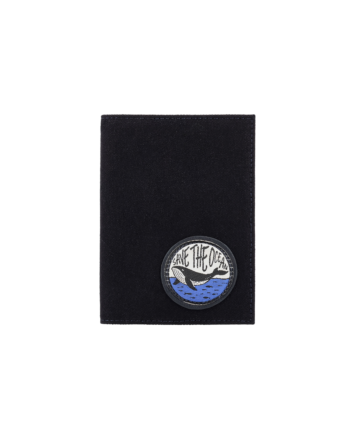 Black canvas and leather passport holder for travelers featuring a marine-inspired embroidered patch, designed to keep passports and travel documents organized. This luxury passport holder and premium leather passport case from a premium leather bag brand of India is ideal for frequent travelers and makes a thoughtful birthday gift, anniversary gift, or festive gift for him.