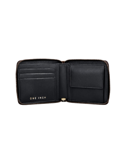 Inside view of a black leather zip-around wallet for men featuring multiple card slots, cash compartments, and a secure coin pocket. This premium zip wallet from a premium leather bag brand of India is designed for everyday organization and makes a thoughtful birthday gift, anniversary gift, or festive gift for him.