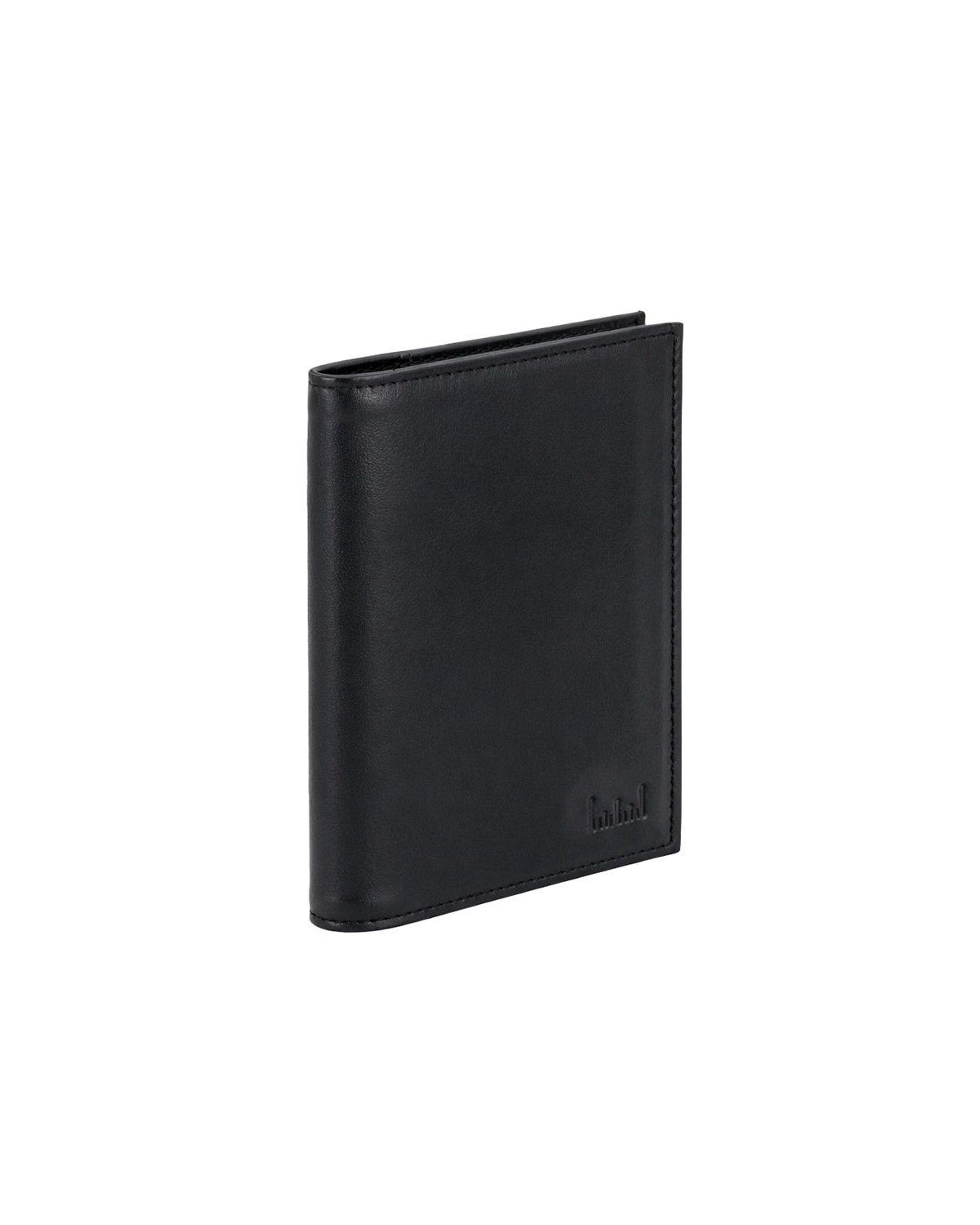 Black leather passport cover for men in an angled view, featuring a minimalist design and smooth genuine leather finish for carrying travel documents and essentials. This premium passport holder from a premium leather bag brand of India is ideal for frequent travelers and makes a thoughtful birthday gift, anniversary gift, or festive gift for him.