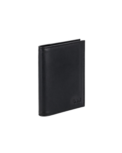 Black leather passport cover for men in an angled view, featuring a minimalist design and smooth genuine leather finish for carrying travel documents and essentials. This premium passport holder from a premium leather bag brand of India is ideal for frequent travelers and makes a thoughtful birthday gift, anniversary gift, or festive gift for him.