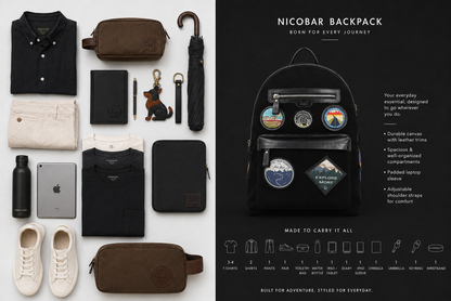 Nicobar black canvas and reclaimed leather travel backpack with mountain, beach, sun, and moon-inspired embroidered badges, alongside a carry guide showing clothing, iPad, toiletry bag, diary, water bottle, and travel essentials.