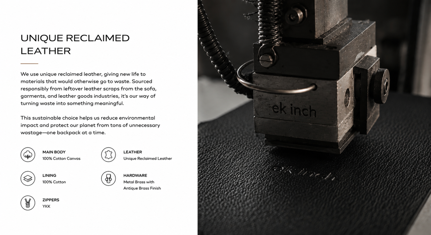Backpack with unique reclaimed leather and brand name 'ek Inch' emboss on a dark background