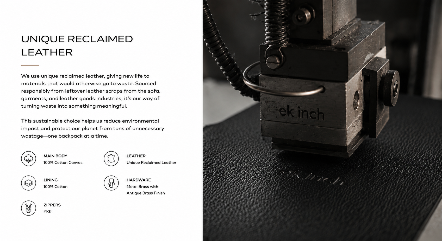 Backpack with unique reclaimed leather and brand name 'ek Inch' emboss on a dark background
