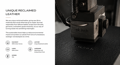 Backpack with unique reclaimed leather and brand name 'ek Inch' emboss on a dark background
