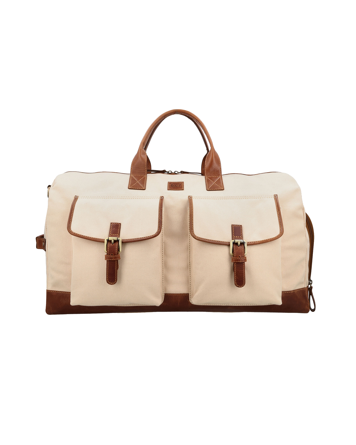 Rohtang canvas and leather holdall bag for men featuring spacious front utility pockets, reclaimed leather trims and a detachable shoulder strap for comfortable travel.