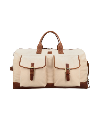 Rohtang canvas and leather holdall bag for men featuring spacious front utility pockets, reclaimed leather trims and a detachable shoulder strap for comfortable travel.