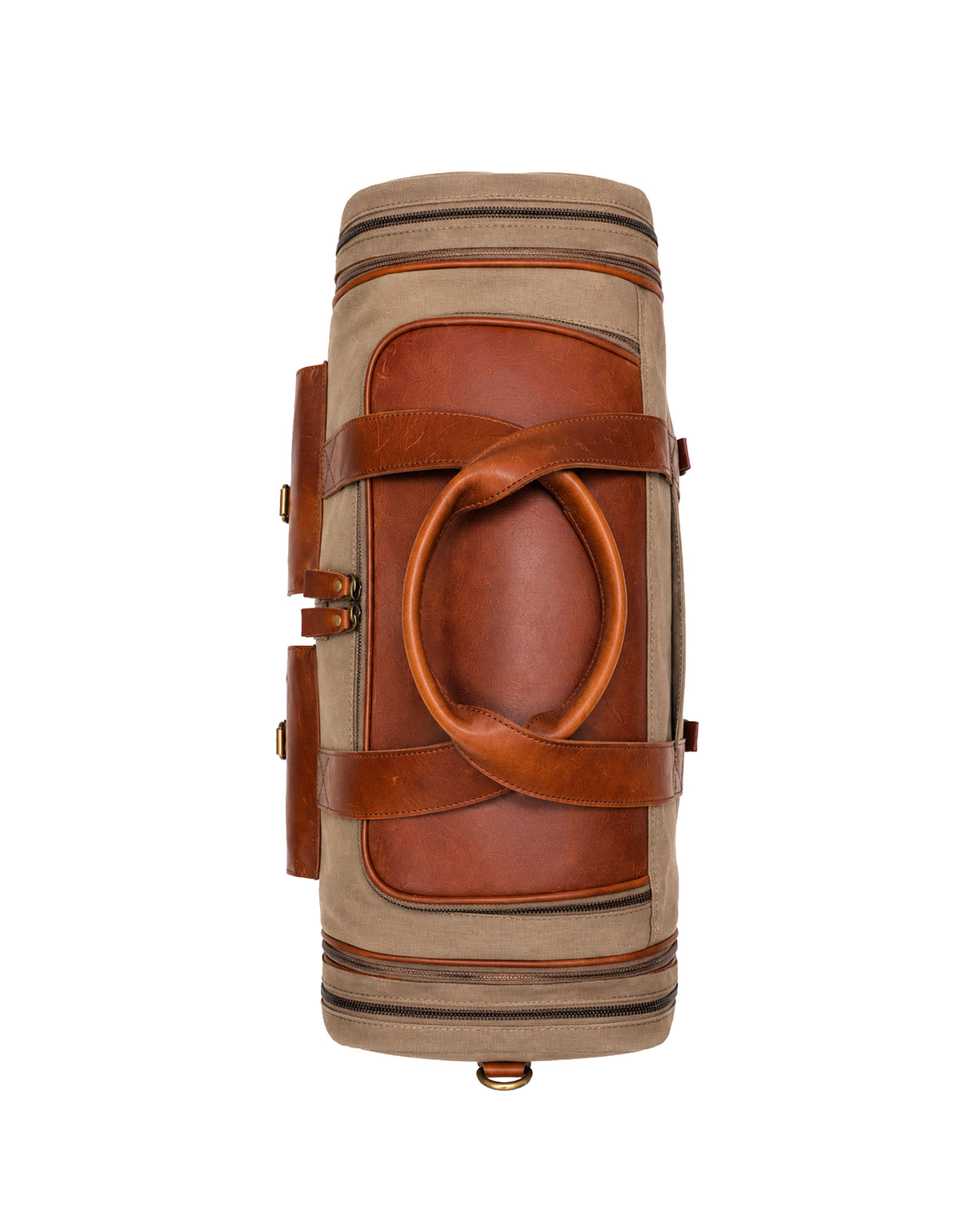 Top view of the Studio Ek Inch Ladakh expandable canvas and leather duffle bag, showcasing premium leather handles, reinforced base and expandable compartments. This premium travel holdall bag is designed for weekend getaways, airport travel and long journeys by one of India's premium bag brands.
