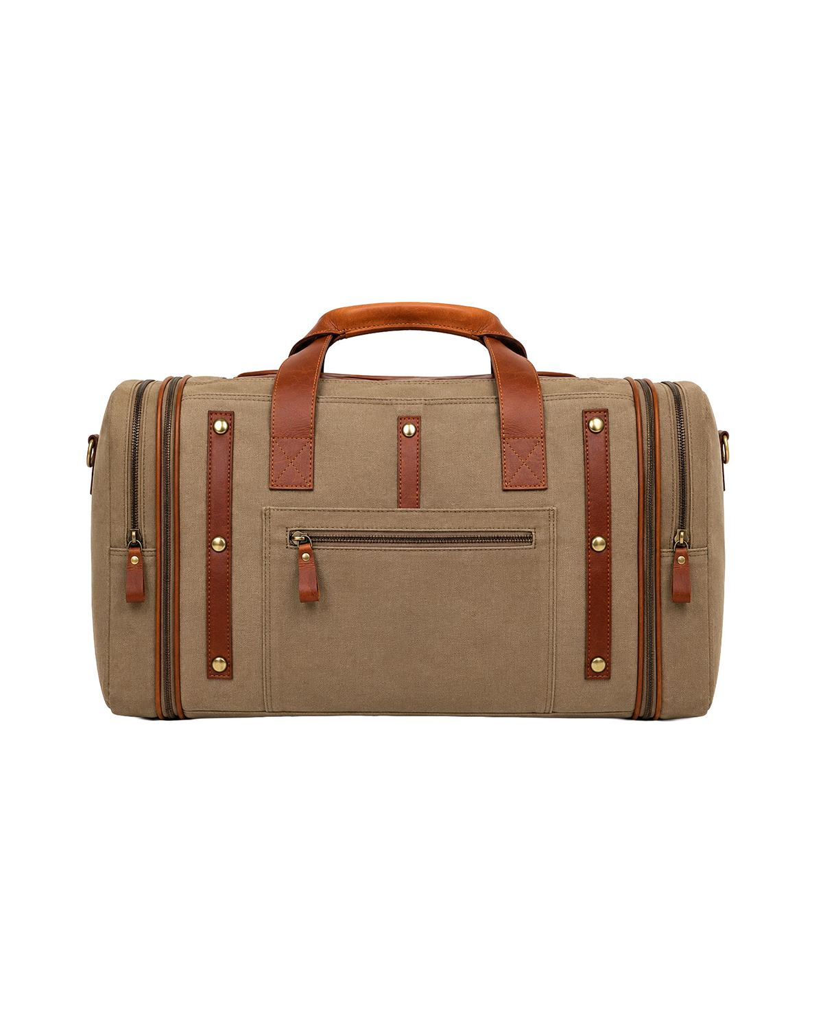 Rear view of the Studio Ek Inch Ladakh expandable canvas and leather duffle bag, featuring a quick-access zip pocket, premium reclaimed leather trims and expandable side compartments. This premium travel holdall bag is designed for airport travel, weekend getaways and overnight journeys by one of India's premium duffle bag brands.