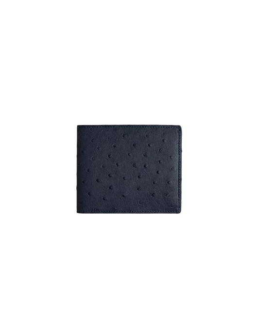 Kibber premium ostrich leather billfold wallet for men in black, featuring a distinctive textured finish and a timeless silhouette for carrying cash and cards. Crafted from genuine leather by a premium brand of leather wallets & passport cover in India, this luxury men's wallet is an ideal gift for birthdays, anniversaries, festivals, and special occasions.