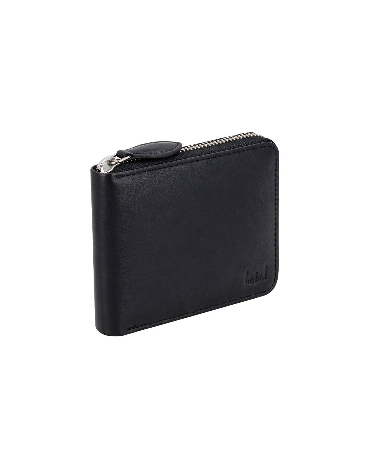 Drift premium leather zip-around wallet for men in black, shown in an angled view with a secure zipper closure and compact silhouette for carrying cash and cards. Crafted from genuine leather by a premium brand of leather wallets & passport cover in India, this minimalist men's wallet is designed for everyday use and makes a thoughtful birthday gift, anniversary gift, or festive gift for him.