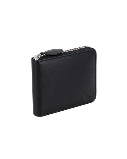 Drift premium leather zip-around wallet for men in black, shown in an angled view with a secure zipper closure and compact silhouette for carrying cash and cards. Crafted from genuine leather by a premium brand of leather wallets & passport cover in India, this minimalist men's wallet is designed for everyday use and makes a thoughtful birthday gift, anniversary gift, or festive gift for him.