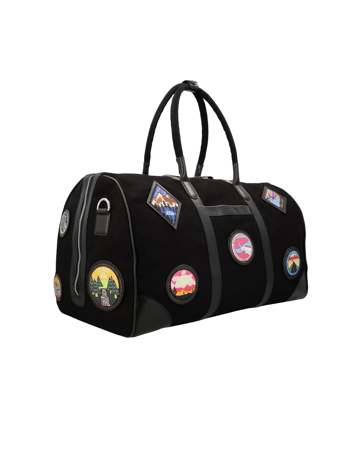 Studio Ek Inch Kasol weekender duffle bag in black canvas and reclaimed leather with adventure badges, leather handles and a roomy silhouette for modern travel and short vacations.