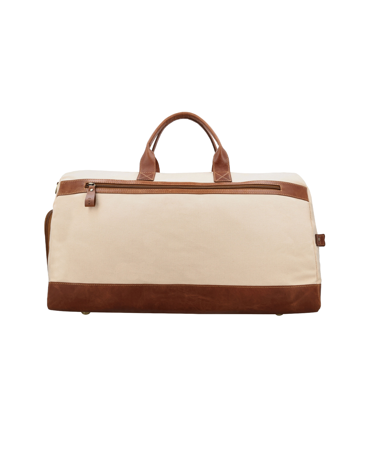 Studio Ek Inch Rohtang weekender duffle bag in natural canvas and reclaimed leather, featuring a spacious zip pocket for quick access to travel essentials. This premium canvas and leather holdall bag is designed for weekend getaways, airport travel and overnight trips by one of India's premium bag brands.