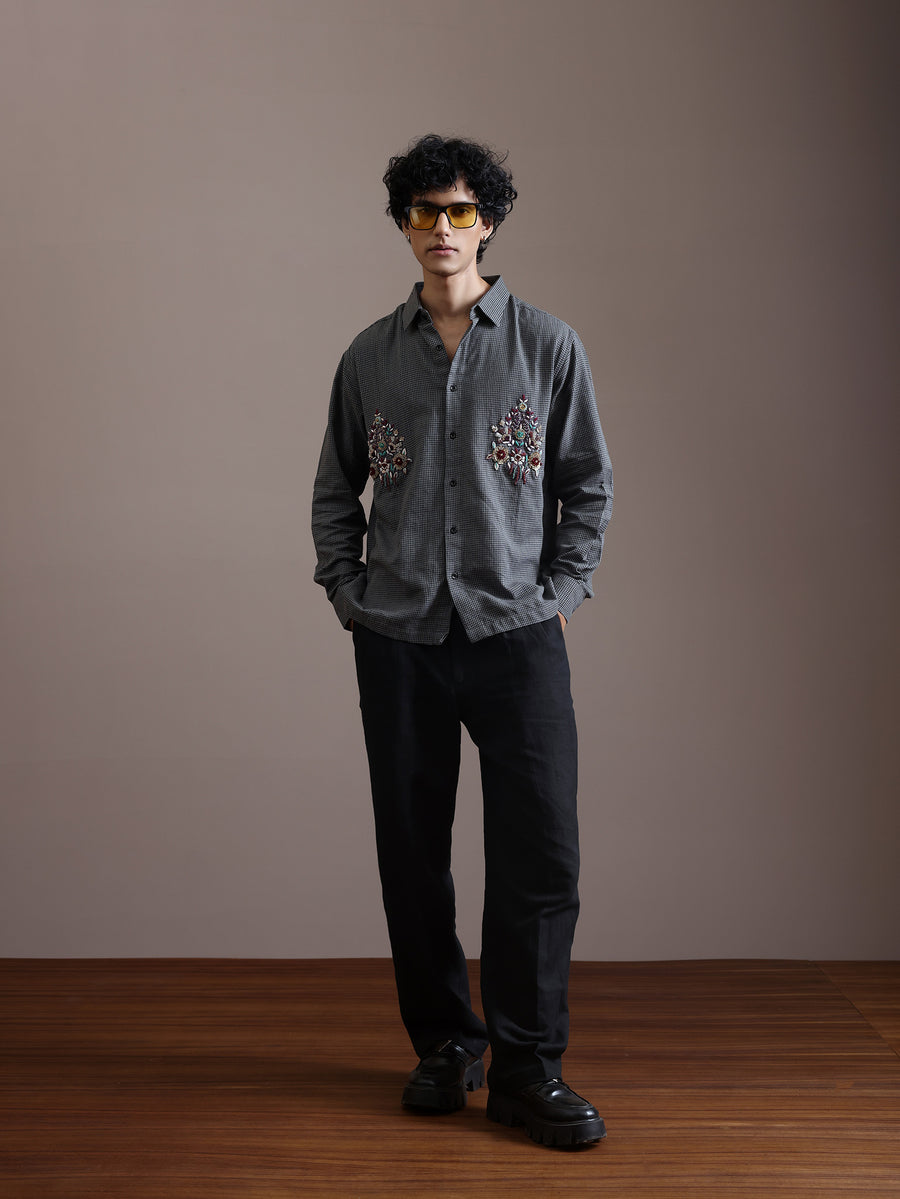 Royal Check Zardozi Hand-Embroidered Cotton Shirt for Men