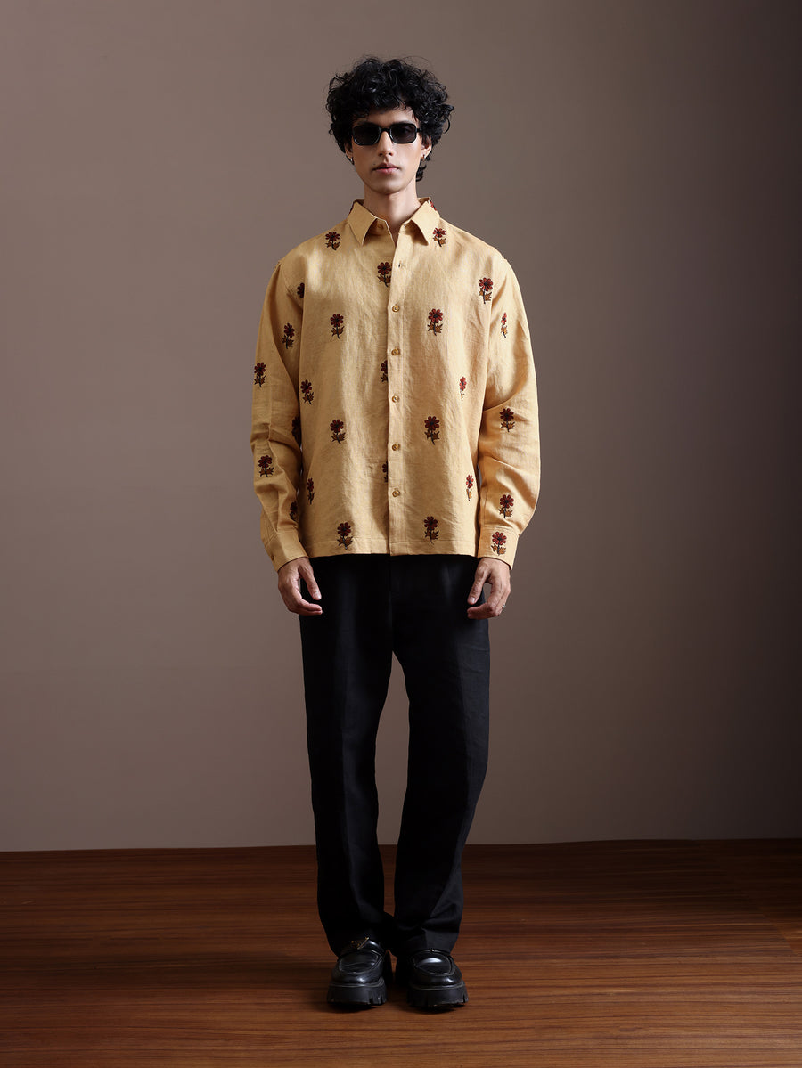 Sequin Flower Hand-Embroidered Cotton Linen Shirt for Men