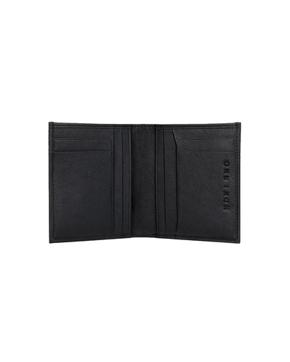Inside view of a black leather mini billfold wallet for men featuring multiple card slots and compact compartments for cash and essentials. This premium mini wallet from a premium leather bag brand of India combines functionality with a slim design and makes a thoughtful birthday gift, anniversary gift, or festive gift for him.