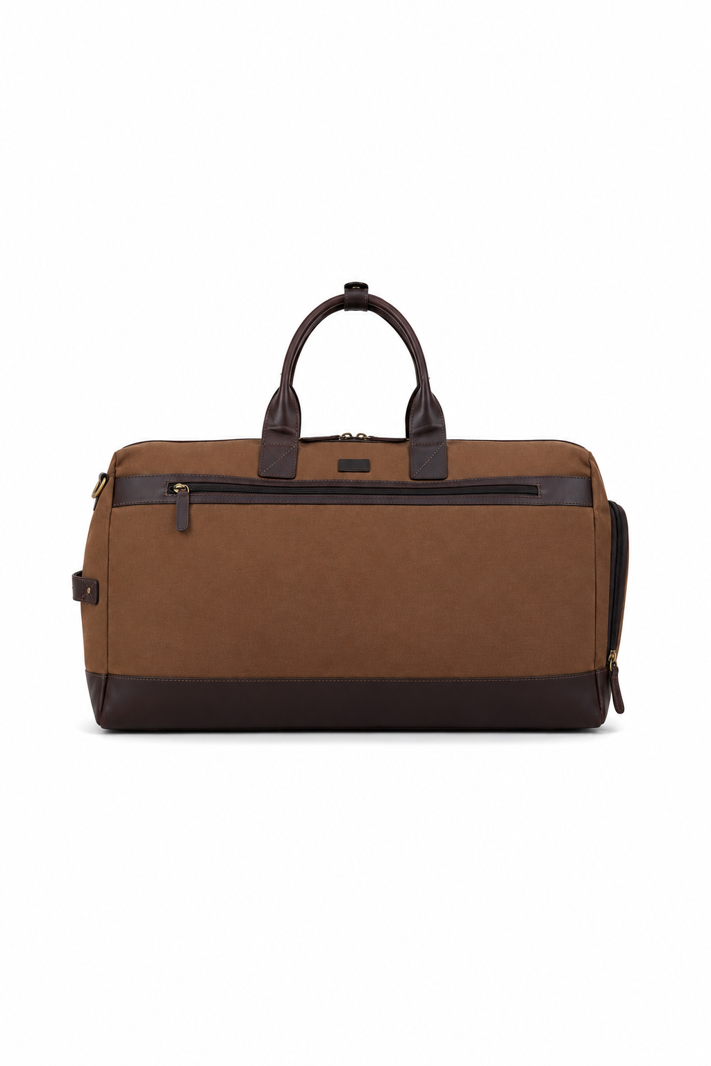 Rear view of the Studio Ek Inch Transit Weekender duffle bag in durable canvas and reclaimed leather, featuring a large zip pocket for quick access to travel essentials. Designed as a premium weekender bag for men, this spacious holdall is ideal for airport travel, weekend getaways and overnight trips.