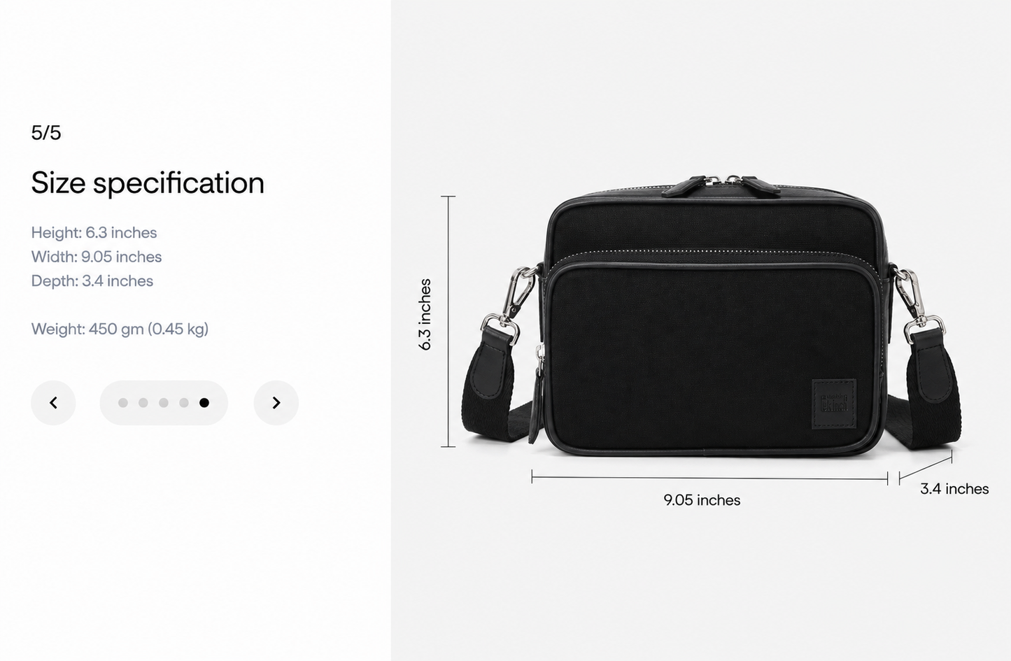 Studio Ek Inch Metropolitan crossbody bag in black canvas and reclaimed leather with detailed size specifications, measuring 9.05 inches wide and designed for everyday travel essentials.