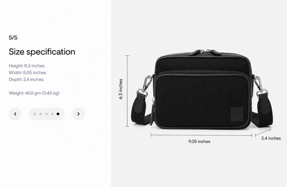 Studio Ek Inch Metropolitan crossbody bag in black canvas and reclaimed leather with detailed size specifications, measuring 9.05 inches wide and designed for everyday travel essentials.