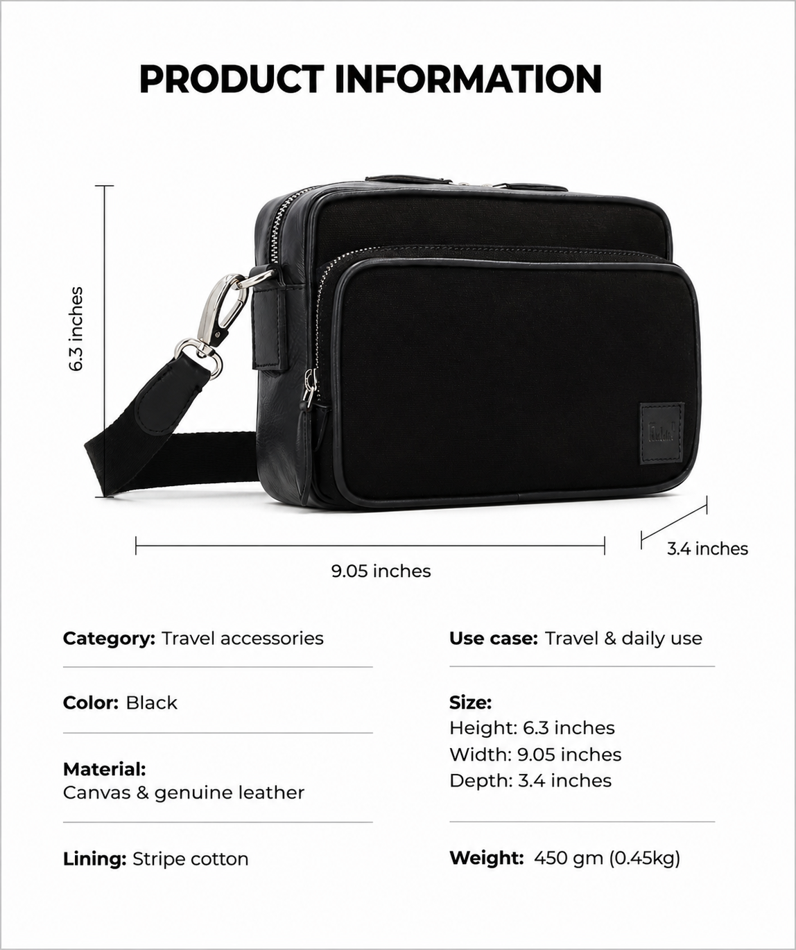 Studio Ek Inch Metropolitan premium crossbody bag in black canvas and reclaimed leather with dimensions, lightweight construction and spacious compartments for travel and daily use.
