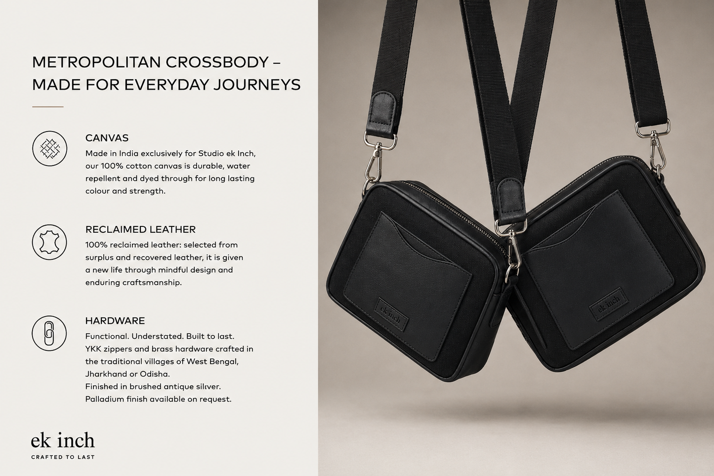 Studio Ek Inch Metropolitan Crossbody bag crafted from waterproof black canvas and reclaimed leather, featuring premium hardware, YKK zippers and an adjustable shoulder strap. This premium crossbody bag combines traditional craftsmanship with modern functionality for travel and everyday use.