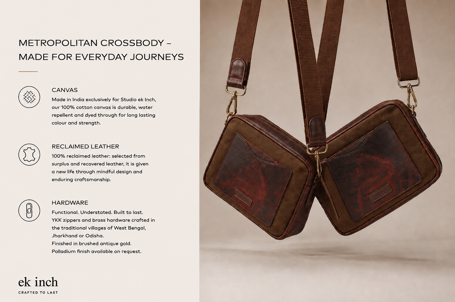 Studio Ek Inch Metropolitan Crossbody bag crafted from waterproof black canvas and reclaimed leather, featuring premium hardware, YKK zippers and an adjustable shoulder strap. This premium crossbody bag combines traditional craftsmanship with modern functionality for travel and everyday use.