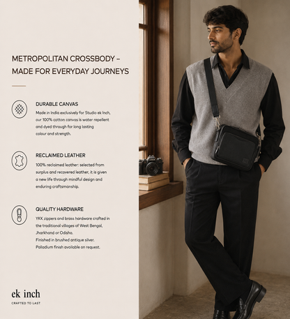 Lifestyle image of a model carrying the Studio Ek Inch Metropolitan crossbody bag in black waterproof canvas and reclaimed leather. Designed as a premium crossbody bag for men, it combines durable materials, handcrafted details and spacious compartments for everyday travel and urban journeys.