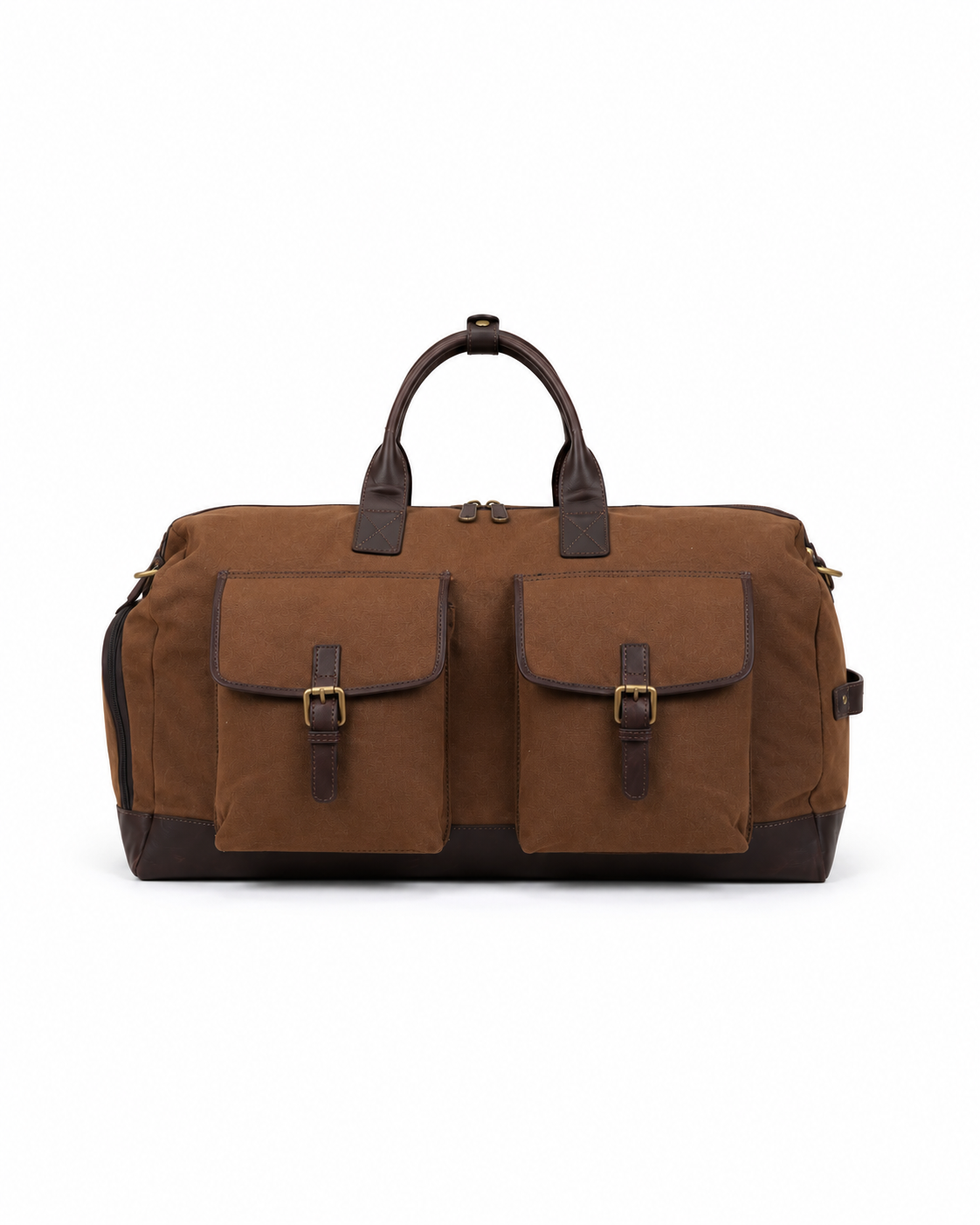 Front view of the Studio Ek Inch Transit Weekender duffle bag crafted from durable canvas and reclaimed leather, featuring twin front pockets, premium hardware and spacious storage for travel essentials. Designed as a premium weekender bag for men, it is ideal for weekend getaways, airport travel and overnight