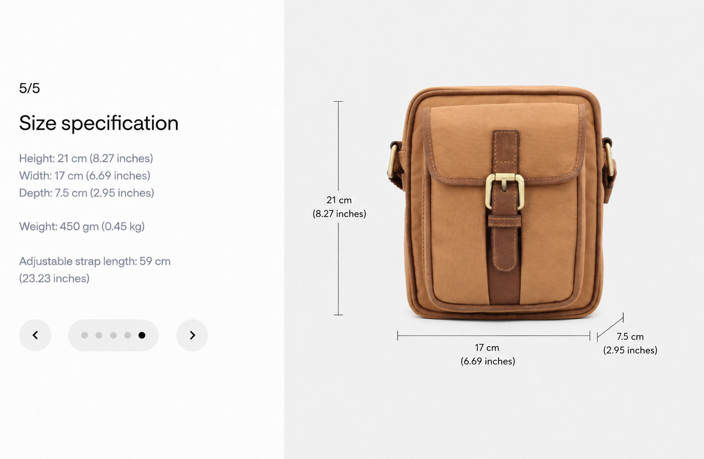 Product information graphic of the Studio Ek Inch River Sling, a premium crossbody bag crafted from waterproof canvas and reclaimed leather in tea tan. Featuring organized compartments, brass hardware, YKK zippers and an adjustable strap for everyday travel.