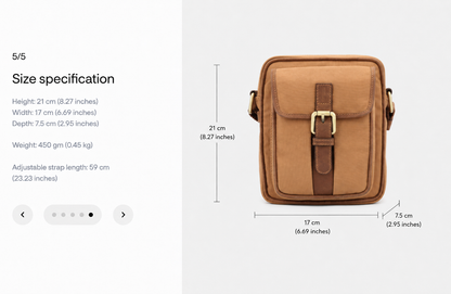 Product information graphic of the Studio Ek Inch River Sling, a premium crossbody bag crafted from waterproof canvas and reclaimed leather in tea tan. Featuring organized compartments, brass hardware, YKK zippers and an adjustable strap for everyday travel.