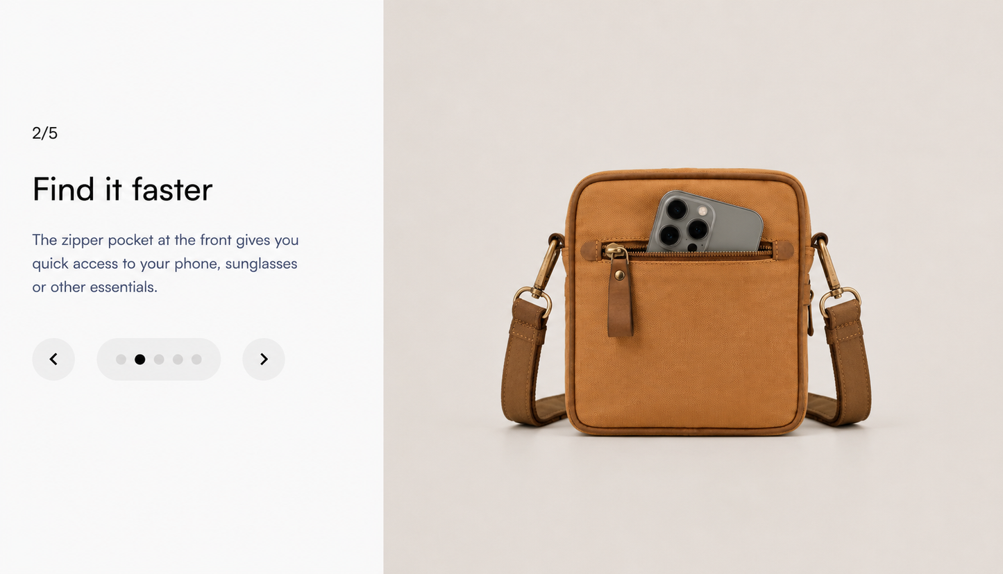 Back view of the Studio Ek Inch River Sling bag in tea tan waterproof canvas and reclaimed leather, featuring a quick-access zip pocket designed to hold a smartphone, sunglasses and everyday essentials. Crafted as a premium crossbody bag for hands-free travel and daily use.
