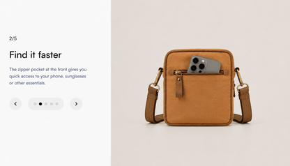 Back view of the Studio Ek Inch River Sling bag in tea tan waterproof canvas and reclaimed leather, featuring a quick-access zip pocket designed to hold a smartphone, sunglasses and everyday essentials. Crafted as a premium crossbody bag for hands-free travel and daily use.