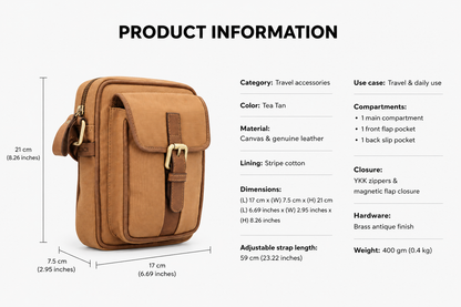 Studio Ek Inch River Sling bag in tea tan waterproof canvas and reclaimed leather with dimensions and product details, featuring a front flap pocket, spacious main compartment and adjustable shoulder strap. Designed as a premium crossbody bag for travel and daily use, it combines handcrafted materials with practical functionality.
