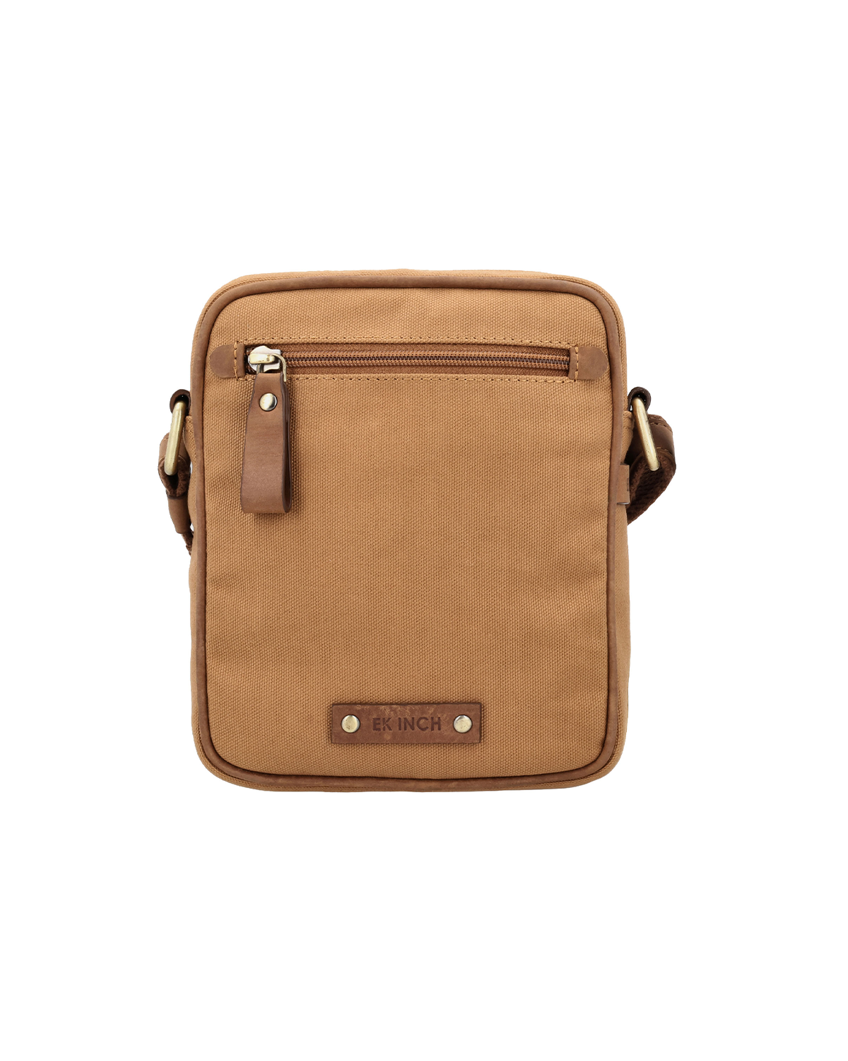 Rear pocket view of the Studio Ek Inch River Sling travel crossbody bag in waterproof canvas and reclaimed leather, offering quick access storage for everyday essentials.