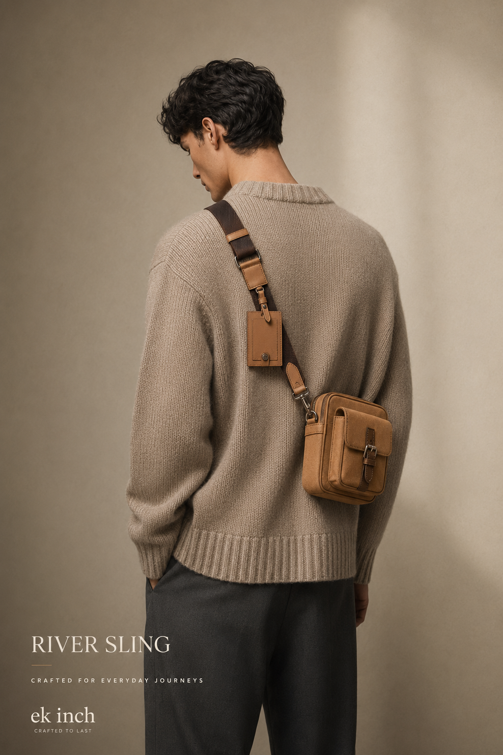 A model wearing the Studio Ek Inch River Sling crossbody bag in tan waterproof canvas and reclaimed leather. This minimalist travel bag blends handcrafted details with functional design for work, travel and daily movement.