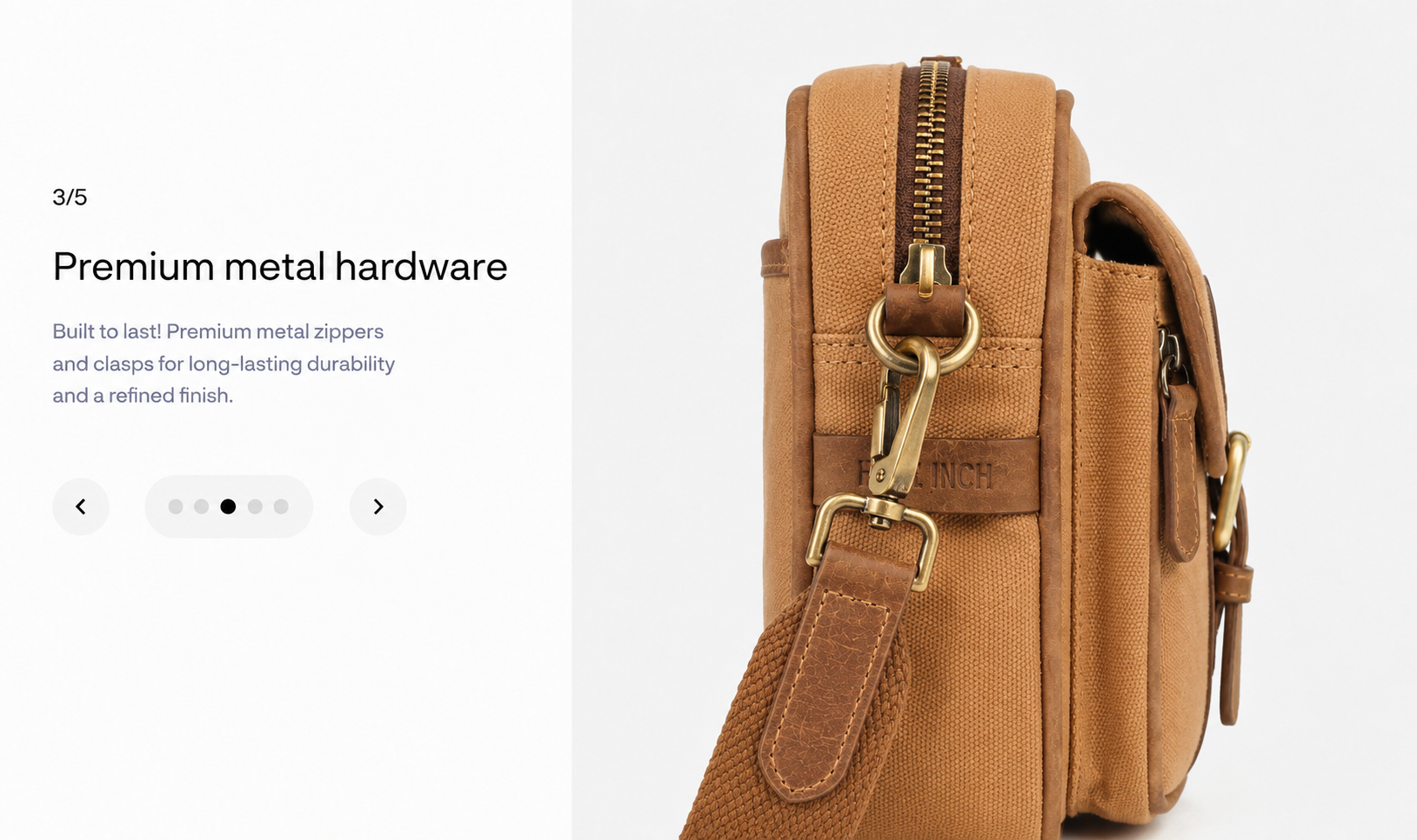 Studio Ek Inch premium crossbody bag crafted from waterproof canvas and reclaimed leather in tan, featuring practical compartments, adjustable straps and handcrafted brass hardware for travel and