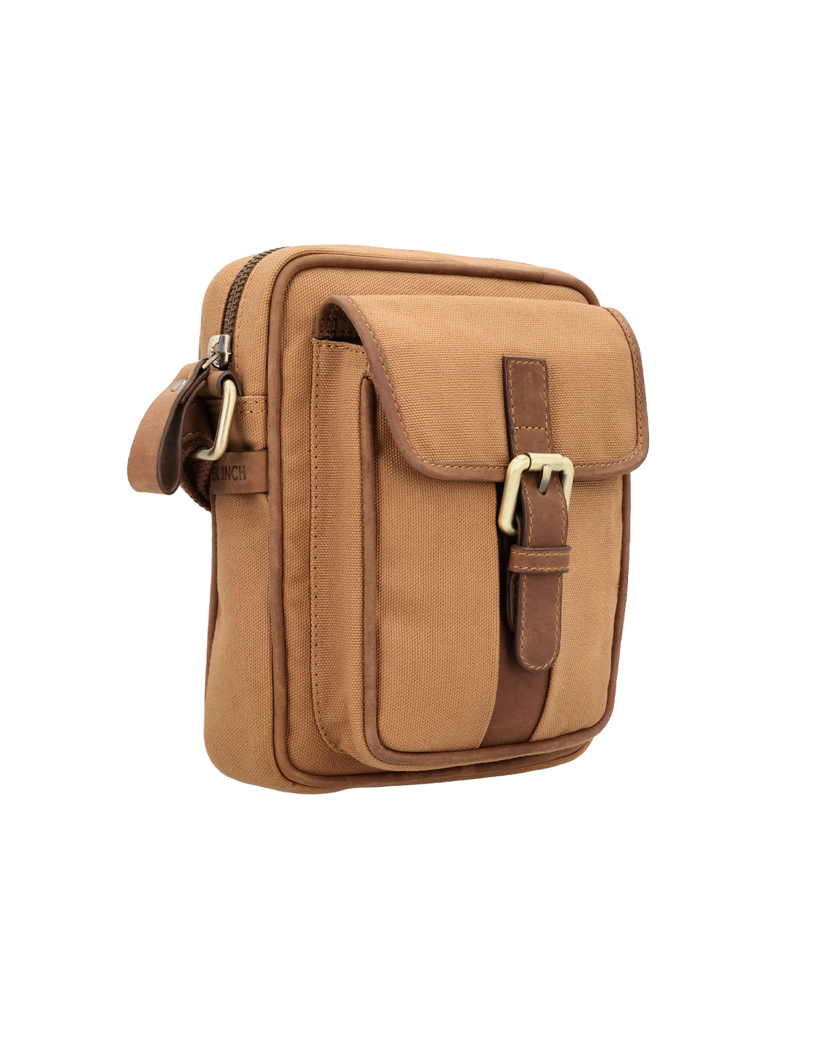 Studio Ek Inch River Sling bag in tan waterproof canvas and reclaimed leather featuring a front utility pocket, buckle closure and adjustable strap. Designed as a minimalist travel crossbody bag for men, it offers organized space for a mobile phone, wallet and everyday essentials.