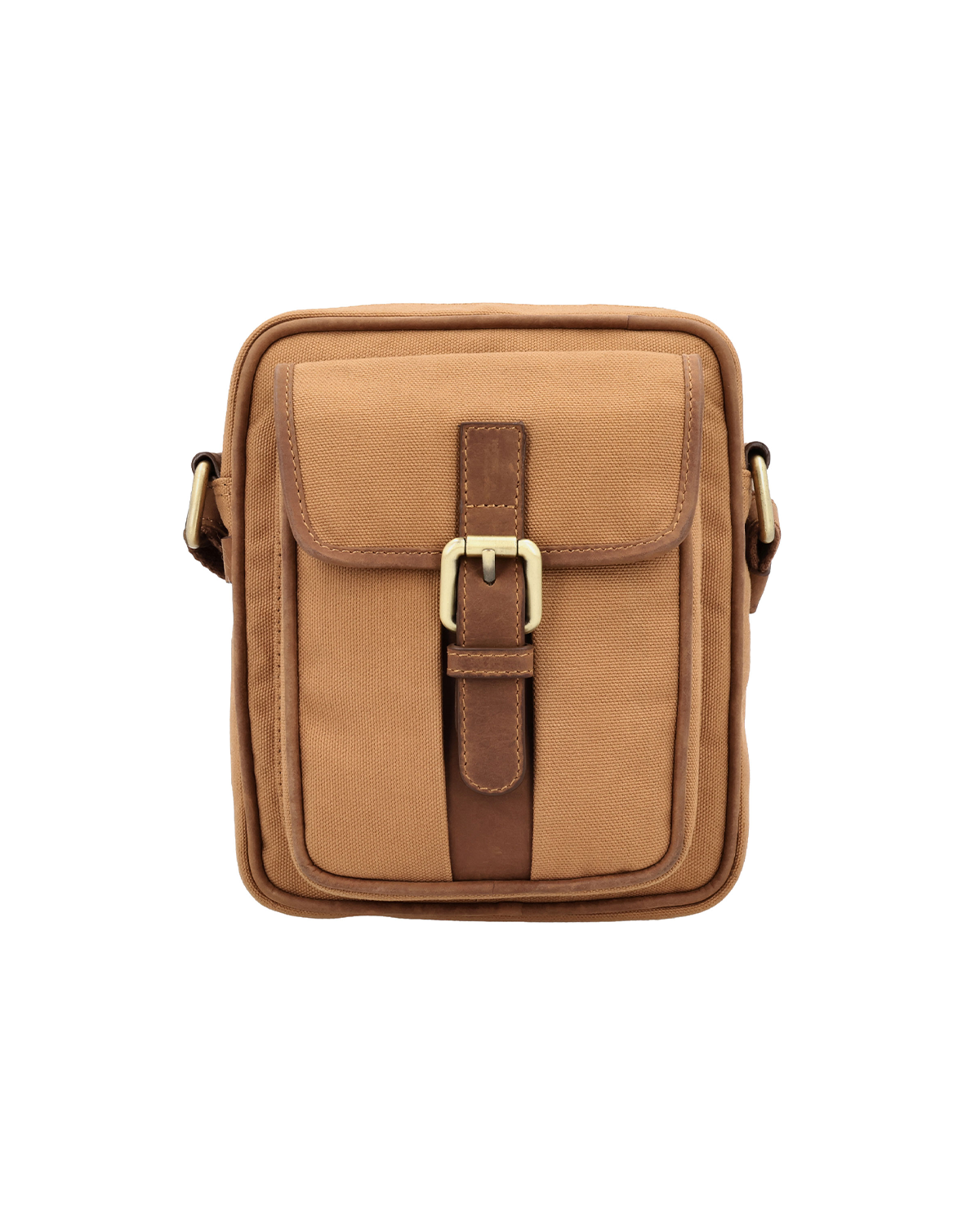 Studio Ek Inch River Sling bag in tan waterproof canvas and reclaimed leather featuring a front utility pocket, buckle closure and adjustable strap. Designed as a minimalist travel crossbody bag for men, it offers organized space for a mobile phone, wallet and everyday essentials. premium crossbody bag brand of india