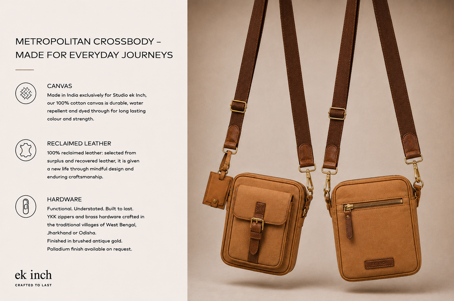 Studio Ek Inch River Crossbody bag in tan waterproof canvas and reclaimed leather, showcasing front and back views with premium materials and adjustable straps. Designed as a premium crossbody bag for everyday journeys, it features durable canvas, reclaimed leather, YKK zippers and handcrafted brass hardware.