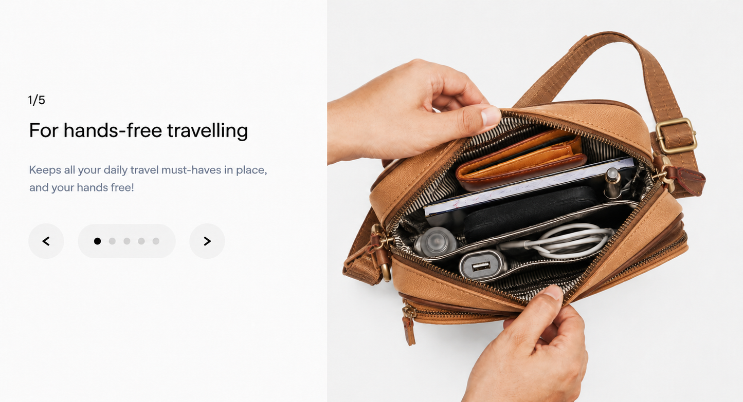 Open view of the Studio Ek Inch River Sling bag in tea tan waterproof canvas and reclaimed leather, showing organized compartments for a wallet, charger, cables, notebook and travel essentials. Designed as a premium crossbody bag for hands-free travel and everyday use.