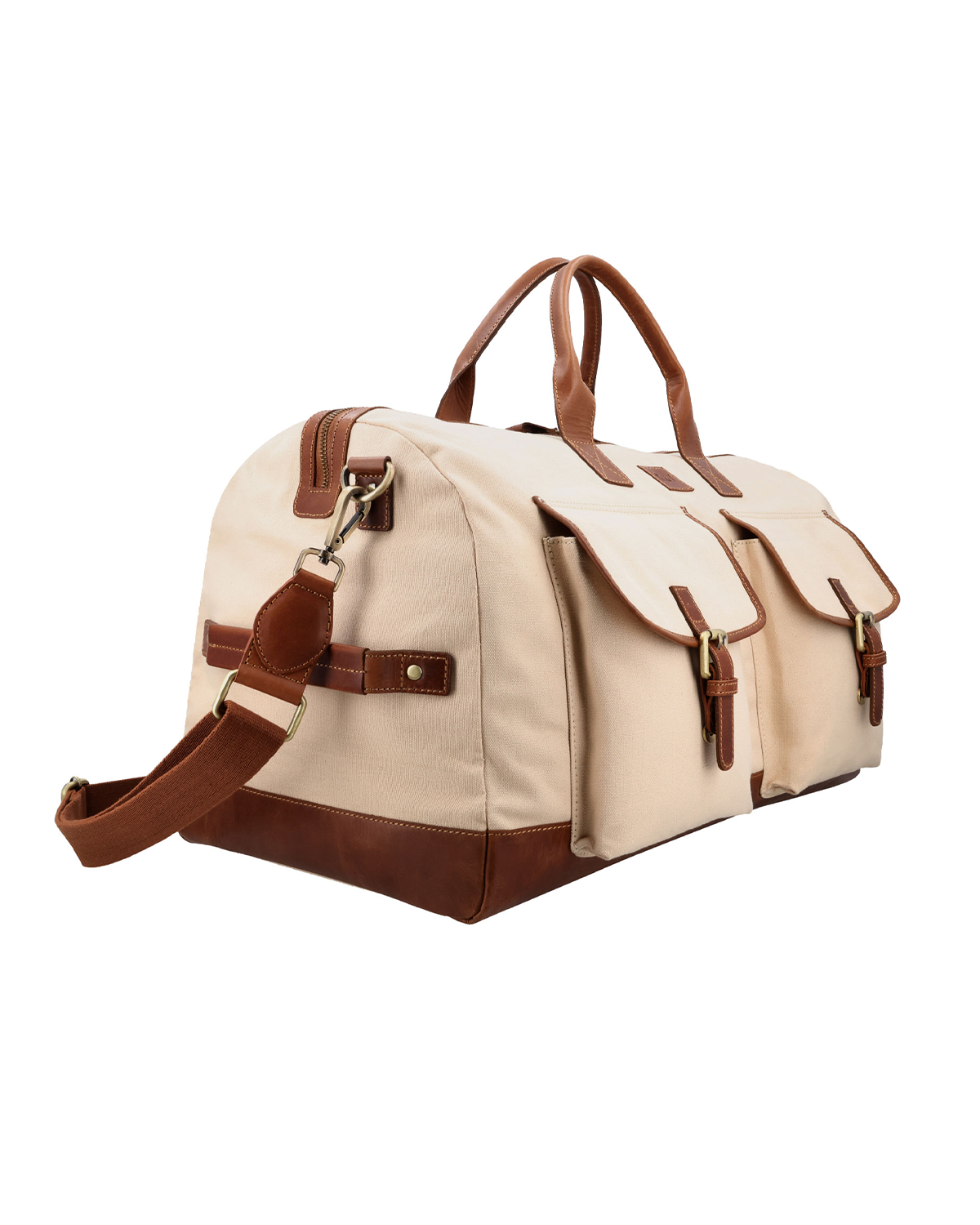 Studio Ek Inch Rohtang Weekender hold all duffle bag in natural canvas and reclaimed leather with adjustable shoulder strap, spacious compartments and handcrafted details. Designed as a premium weekender bag for men, ideal for airport travel, road trips and overnight stays.