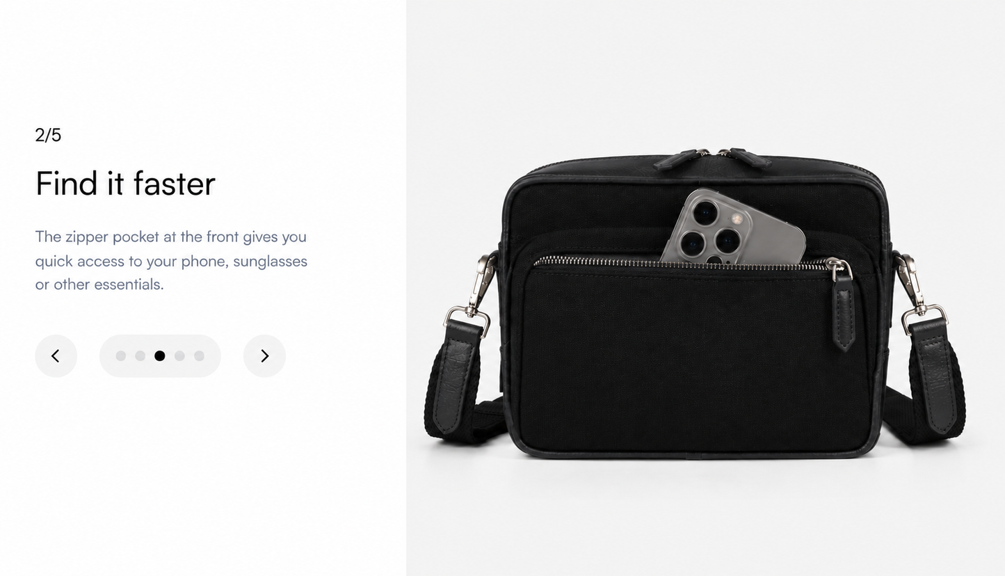 Studio Ek Inch Metropolitan sling bag in black waterproof canvas with a front zip pocket designed for quick access to a smartphone, sunglasses and travel essentials. A premium crossbody bag for men and modern travellers.