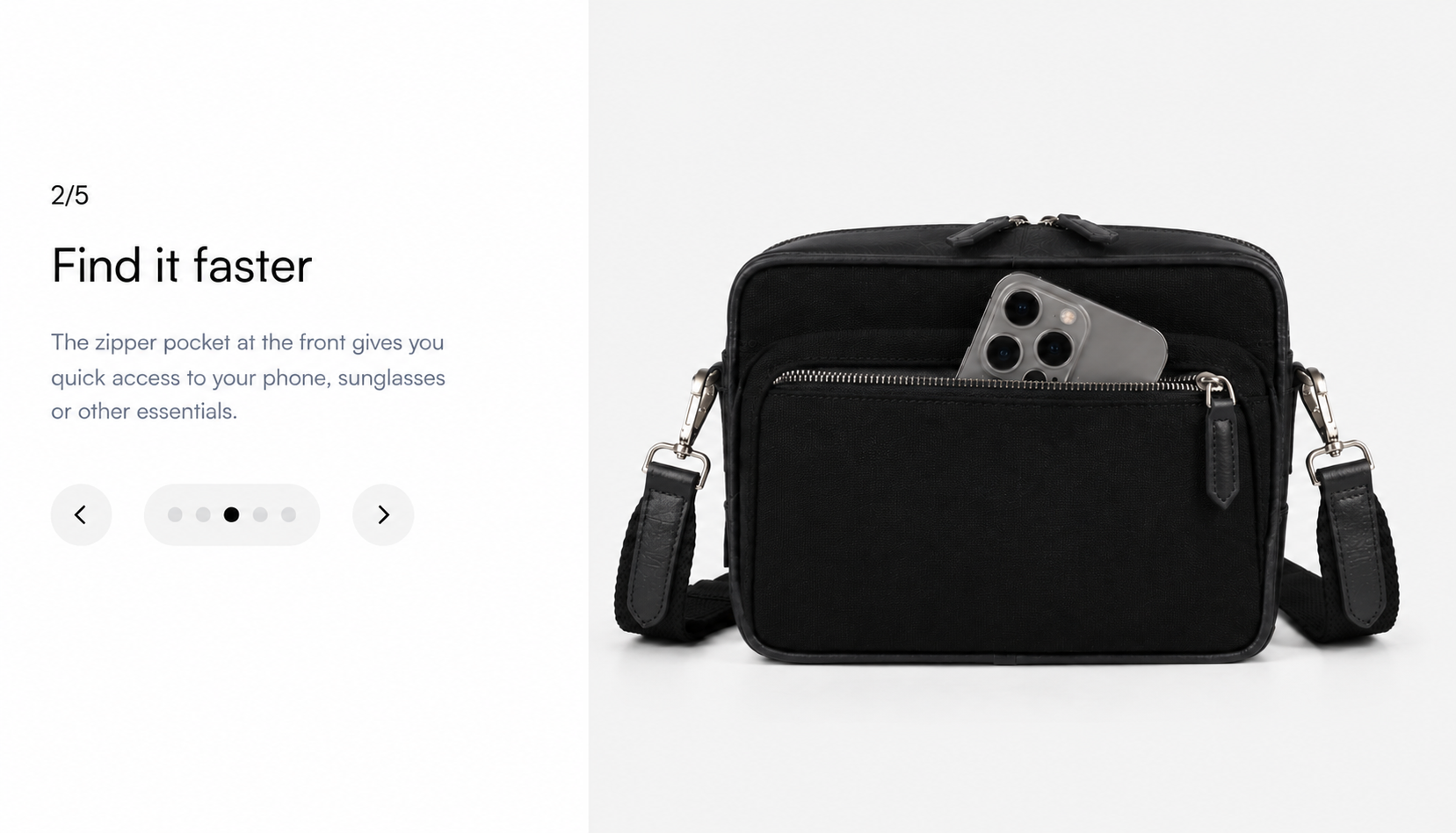 Studio Ek Inch Metropolitan sling bag in black waterproof canvas with a front zip pocket designed for quick access to a smartphone, sunglasses and travel essentials. A premium crossbody bag for men and modern travellers.
