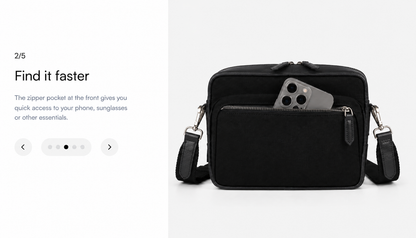Studio Ek Inch Metropolitan sling bag in black waterproof canvas with a front zip pocket designed for quick access to a smartphone, sunglasses and travel essentials. A premium crossbody bag for men and modern travellers.